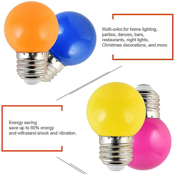 20-pack färgade LED-lampor 2w E27 G45, färgade LED-golfbollslampor, blandade färger 45mm x 68mm