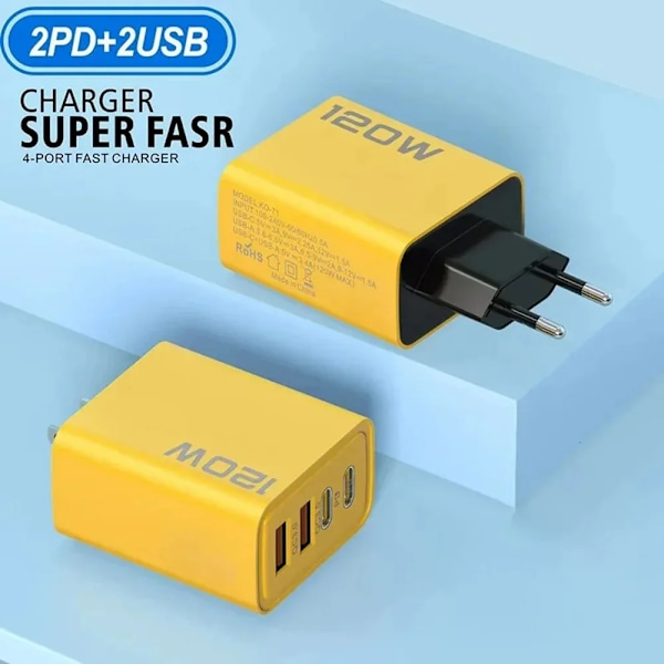 Total 120W Hurtigoplader Type C Quick Charge 3.0 USB-opladeradapter til iPhone Samsung Xiaomi PD USB-oplader Hurtigopladningsstik EU Yellow