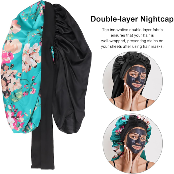 Lång Sömnmössa i Satin för Kvinnor - Silkesnattmössa med Resår för Lockigt Hår 1 Pc Floral Sleep Cap: Green