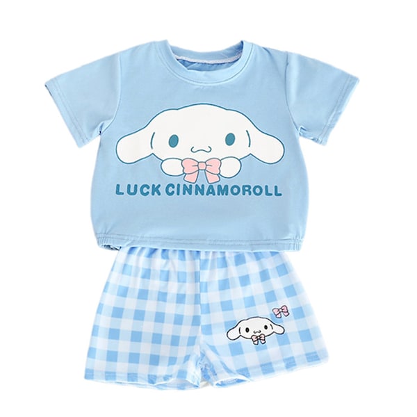 Kid Girls Kuromi Melody Cinnamaroll T-shirt Tartan Shorts Pajamas Set Sleepwear Blue Blue