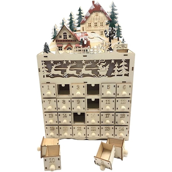 Trefadder i tre med LED-lys - Påfyllbar adventskalender med 24 skuffer, perfekt for julekalender - Vakker hjemmedekorasjon