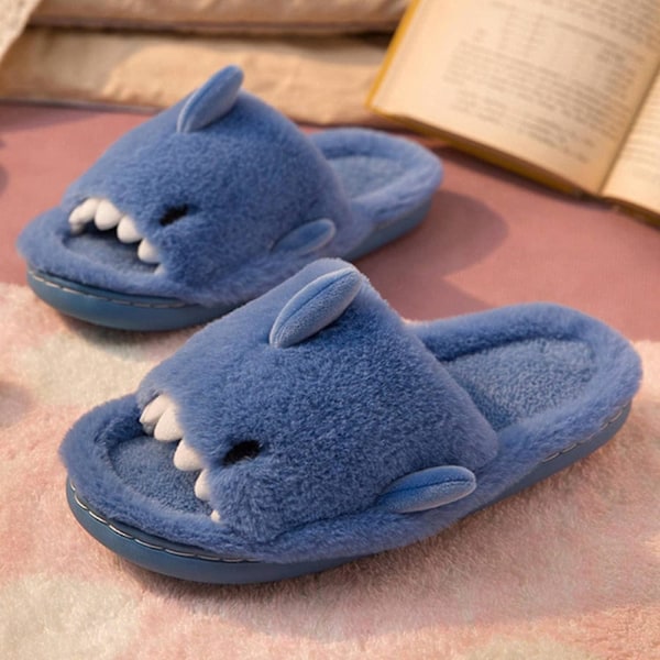 Winter cute shark open toe home slippers women soft plush floor indoor pair unisex40-41