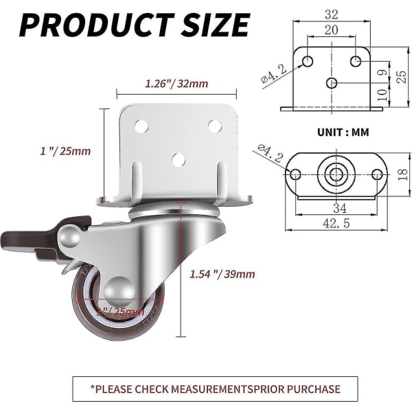 Set med 4 små möbelsvängbara hjul, 25 mm med broms, L-fäste, lämplig för möbler, blomsterställ, plantskolor (25 mm)
