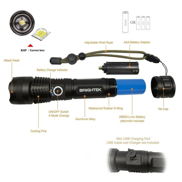 Superstark 90000lm LED taktisk ficklampa med uppladdningsbart batteri och zoomfunktion