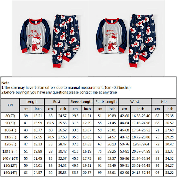 Julepyjamas for barn, voksne og familie - matchende snømann-pyjamas - pysjsett for barn Kid 10T