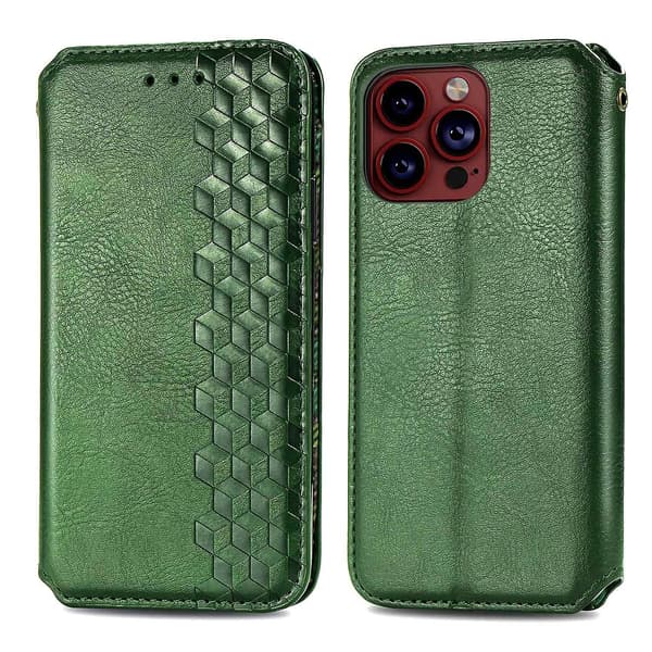 Grid-präglat läderfodral för iPhone 15 Pro Max Green