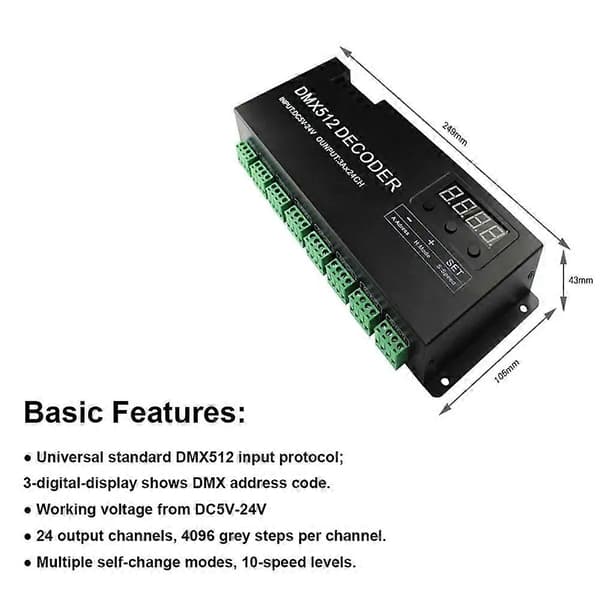 Digital 24CH RGB RGBW DMX512 Dekoder, RGBW 512 Dekoder DMX 512 Controller til LED Strip (A) Black A