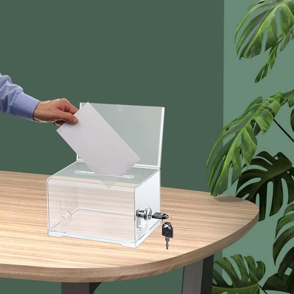 Akryldispenserbox, låsbar, låsbar donationsbox, låsbar kommentarlotterilåda, valsedel, donation, visitkort