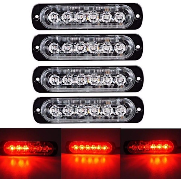 6 LED 18W Rød Ultra Tynd Undervogns Nødlys Strobe Advarsels Grill Arbejdslys Bar til 12V - 24V Biler, Sikkerheds Blinkende Fyr 6 LED Red