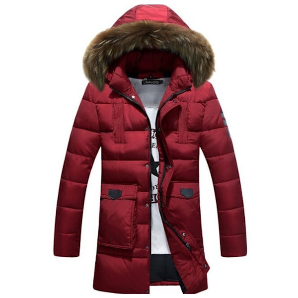 Herrar Lång Vinterjacka Tung Dunjacka Parka Varm Pufferjacka Vinröd Wine Red 2XL