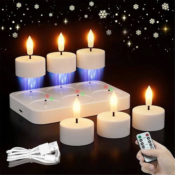 Genopladelige Flammeløse Varmelys med Ladestation 6 stk. Batteridrevne Varmelys
