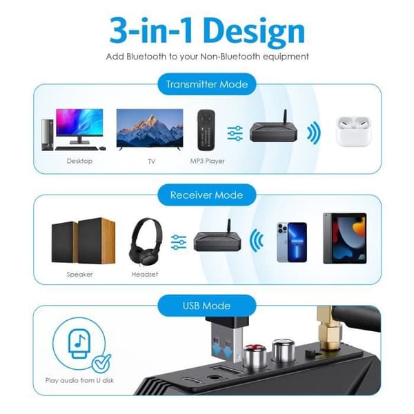 Bluetooth lydadapter, 3-i-1 trådløs Bluetooth-mottaker, Bluetooth 5.0 mottaker/sender