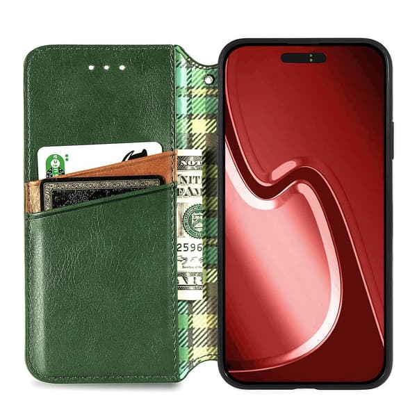 Grid-präglat läderfodral för iPhone 15 Pro Max Green
