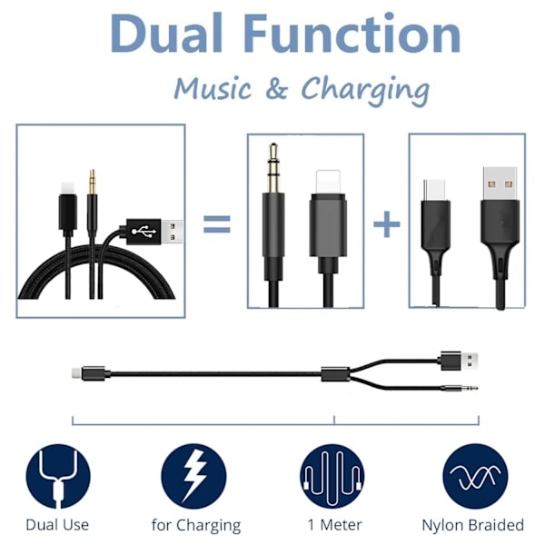 REMAKE Aux-kaapeli iPhonelle autossa - Punottu nylon 3,5 mm liitäntä Audio Aux 2-in-1 USB pikalataus Lightning-kaapeli iPhone 14 13 12 11