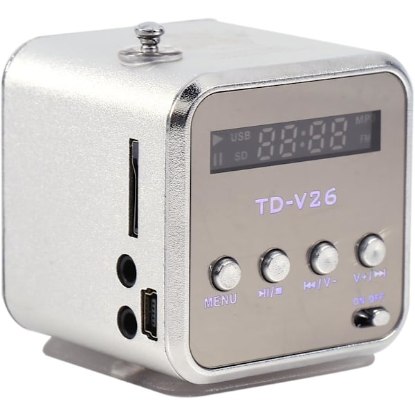 Kannettava radio, Radio Halpa TD V26 Pienet radiot Taskuradio Paristoradio Mini kaiutin Musiikkisoitin FM-radio PC Muoti Tukee TF-korttia ja U-levyä Silver