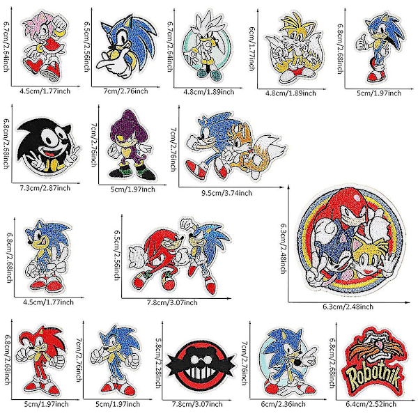 Sonic Tema Broderade Lappar - Sy på/Stryk på Lappar - Dekorativa Applikationer för Kläder, Hattar, DIY Tillbehör - 16 st