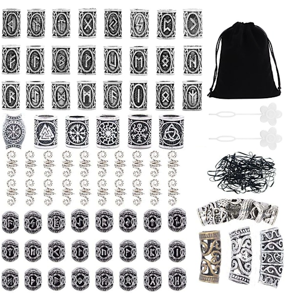 Kryc 80 Runesten Perlesæt med 300 Elastikker, Vikinge Skægperler, Antikke DIY Hår- og Skægperler, Nordiske Hårsmykker, Flettet Armbånd, Vedhæng