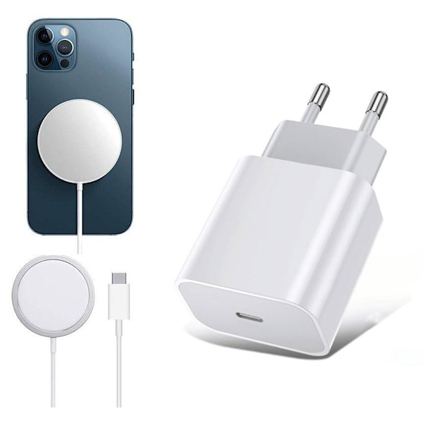 iPhone Magnetisk Magsafe Lader (trådløs) med Vegglader Hvit White White