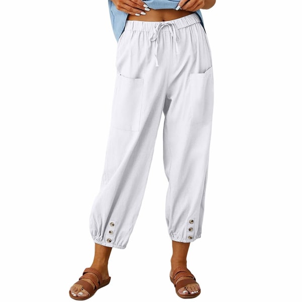 Dam linne Capri linne byxor Casual dragsko Elastisk midja cropped byxor Lämplig för flicka Kvinna Fru White L