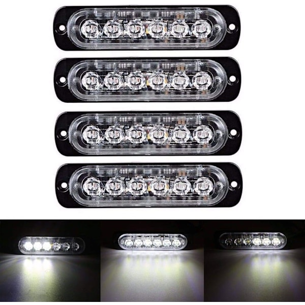 6 LED 18W Hvid Ultra Tynd Undervogns Nødblink Hazard Strobe Advarselsbar Arbejdslygtebar til 12V - 24V Biler, Sikkerhedsblink 6 LED White
