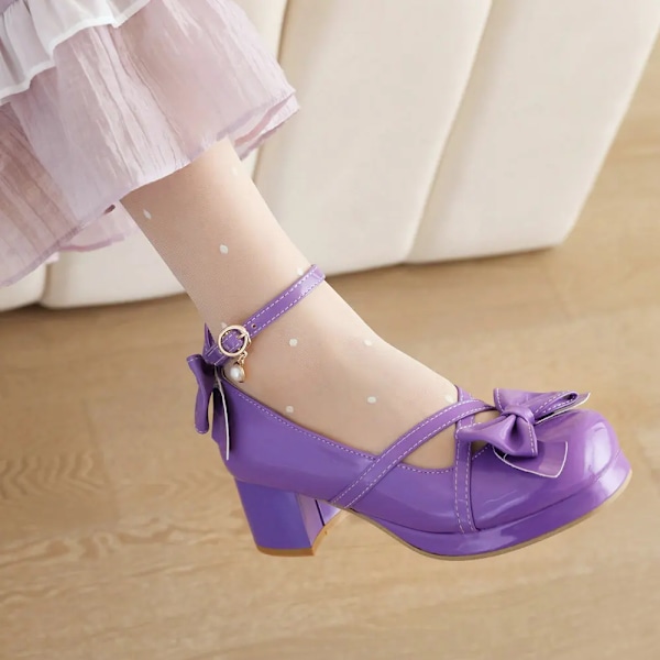 Skinnende Lak Lolita Sko Kvinder Rød Brude Bryllup Fest Strappy Platform Mary Janes Pumps Ankelrem Blok Cubanske Hæle LILLA PURPLE 7