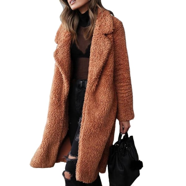 Kvinnors Fuzzy Fleece Jackor Krage Öppen Framtill Lång Cardigan Kappa Vinter Ytterkläder Caramel colour M