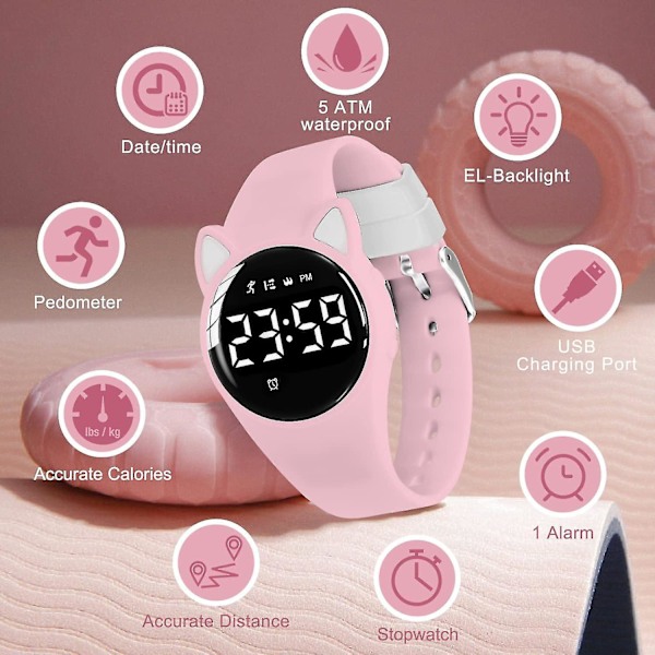 Barnklocka, Digitalklocka för pojkar och flickor, Sportklocka med fitness tracker, väckarklocka, stoppur, ingen app och vattentät, klocka för barn i åldrarna 5-12 10-Pink-Y