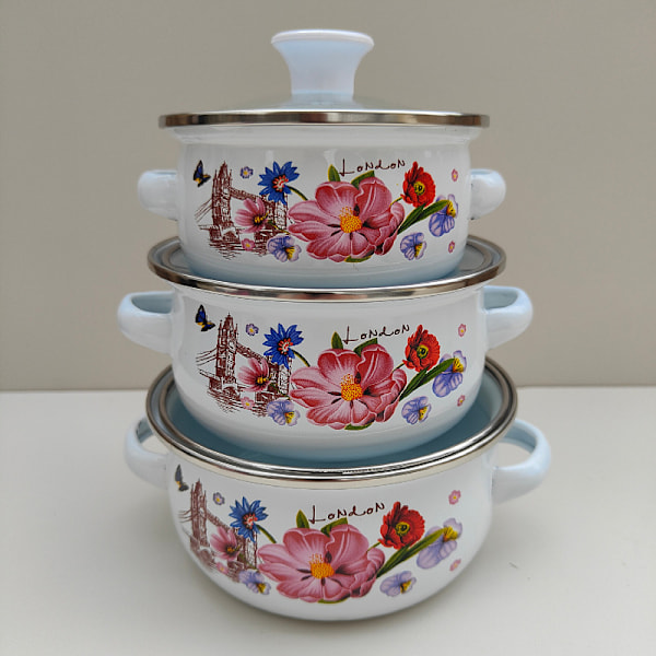3-pack emaljerade kastruller, stapelbara soppgrytor, emaljerade kastruller, restaurangkvalitet, platt botten, gryta