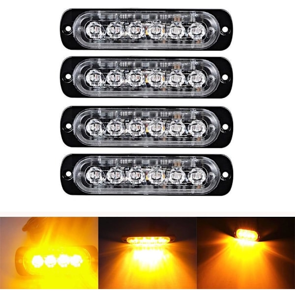 6 LED 18W Gul Ultra Tynd Undervogns Nødblink Hazard Strobe Advarselslys Strip til 12V - 24V Bil, Sikkerheds Blinkende Beacon 6 LED Yellow