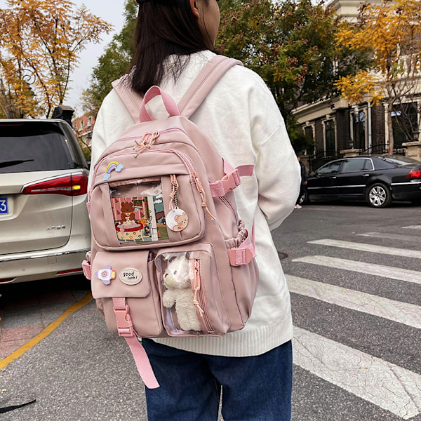 Kawaii Rygsæk, Stor Kapacitet Sød Bjørn Tilbehør Rygsæk til Skole Multi Lomme Kawaii Håndtaske Japansk Skoletaske til Teenagepiger Pink