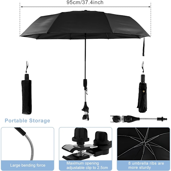 Universal klapvognsparasol 360° justerbar klapvognsparasol UPF 50+ solbeskyttelse klapvognsparasol med justerbar klemme