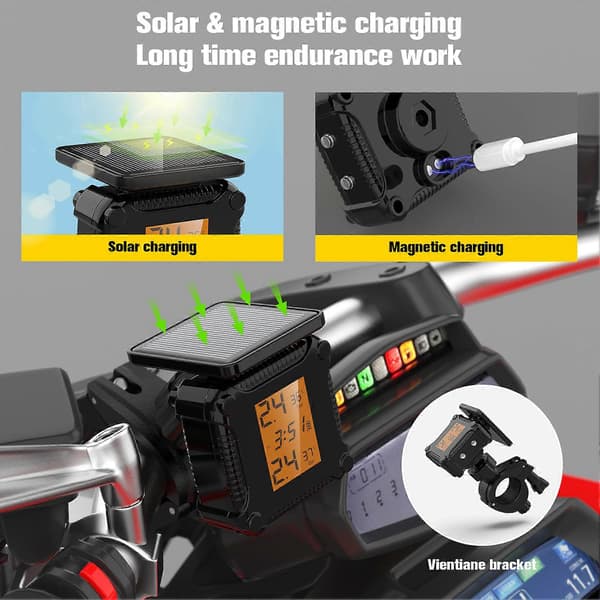 Däcktrycksövervakningssystem för motorcykel, solcellsdriven USB-laddning, IP67 vattentät, hög precision TPMS