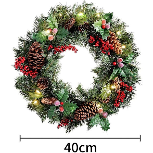 40 cm Forudbelyst Julekrans til Døren med Lys, Oplyst Kunstig Krans (16 tommer)