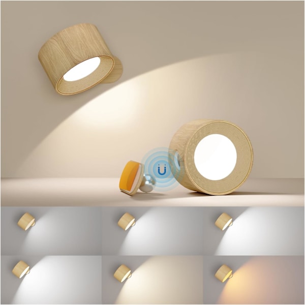 Batteridrevet vegglampe, 360° justerbar belysning innendørs vegglampe, 3 fargemoduser, 3 lysstyrkenivåer touch-k Woodgrain Remote Control
