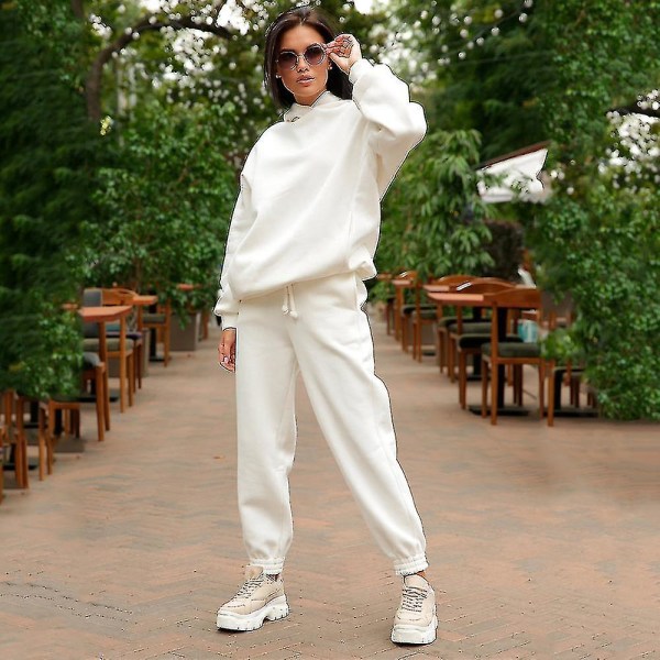 Träningsoverallsset Dam Damer 2-delade Sweatsuits Pullover Luvtröja & träningsbyxor Joggingsdräkter Outfits White XL