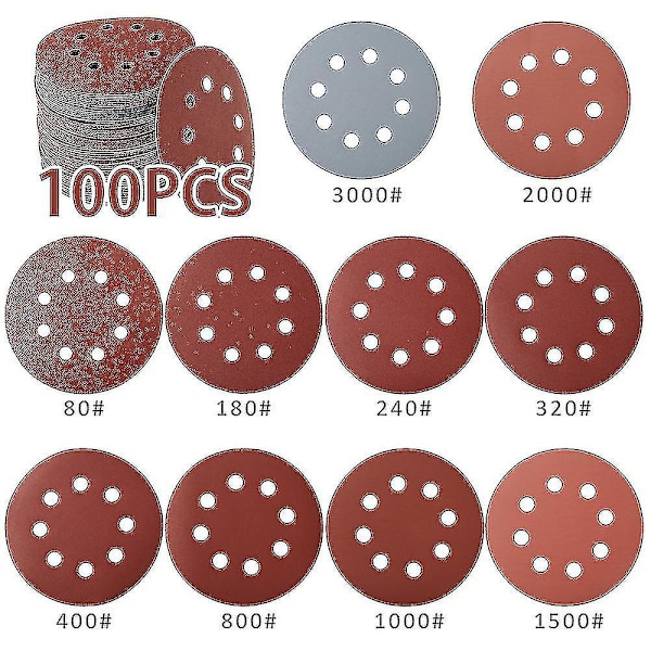 100pcs 125mm Sandpaper Sanding 8-Hole Discs Round Shape Hook Loop Sanding Paper Polishing Sheet Sander Polishing Disc