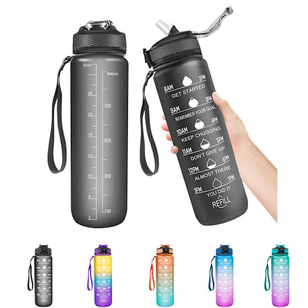 2-pakning - 1 l vannflaske med sugerør og timer Black
