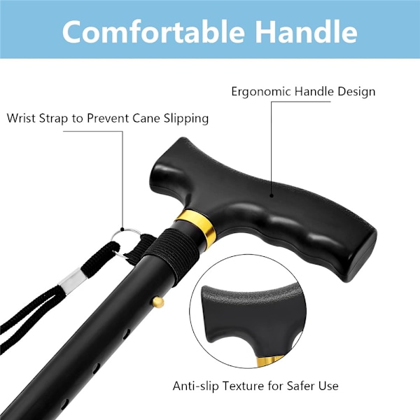 Foldbar Stok Let Sammenklappelige Stokke til Mænd og Kvinder til Seniorer Ganghjælpemidler Foldbar Black