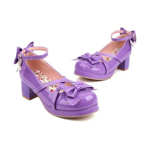 Glittrande lack Lolita skor kvinnor röd bröllop fest strappy plattform Mary Janes pumps ankelrem block kubanska klackar LILA PURPLE 17