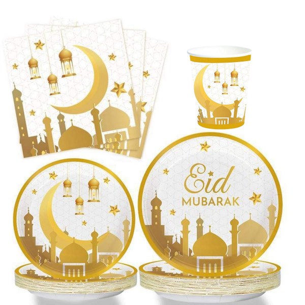 Tyuhe 1 sett engangsservise Elegant behagelig Eid Mubarak middagstallerkener serviett kopp for festivaler