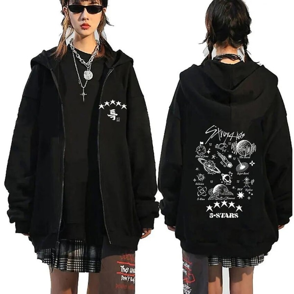 Brand Kpop Stray Kids 5 Star Art Music Album Zipper Hoodie Korea Style Fashion Zip Up Sweatshirt Mænd Kvinder Casual Pullover Rocks Sort