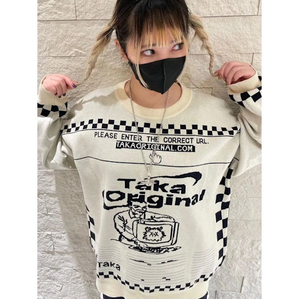 Naisten Ylisuurinen Neulepaita Y2k Esteettinen Toppi Trikoo Pusero Hyppysellinen Graafinen Talvi Streetwear Korean Muoti Pitkä Hiha Vaatteet Musta black XL