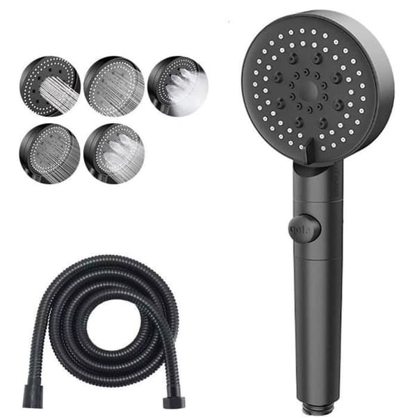 Brusehoved - Vandbesparende - 5 Tilstande - One-Button Off - Højt Tryk - Sort