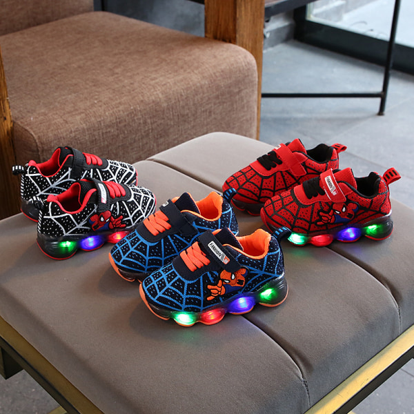 Spiderman LED-sneakers för barn med glitter och halkfri mjuk sula i svart black 35 yards inner length 21.4cm