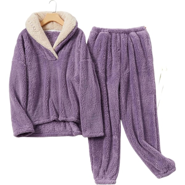 HAUFR Koselig Pyjamassett for Kvinner - Overdel og Bukser, Vintervarm, Avslappet, Myk Fløyelsmyk Loungewear, Søvnklær, Lilla Purple Large