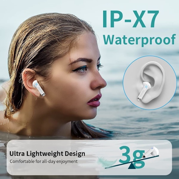 Bluetooth 5.3 Hörlurar Sport Bluetooth Hörlurar med HD Mic Stereo Trådlösa In-Ear Mini Trådlösa Hörlurar IP7 Vattentäta Vita