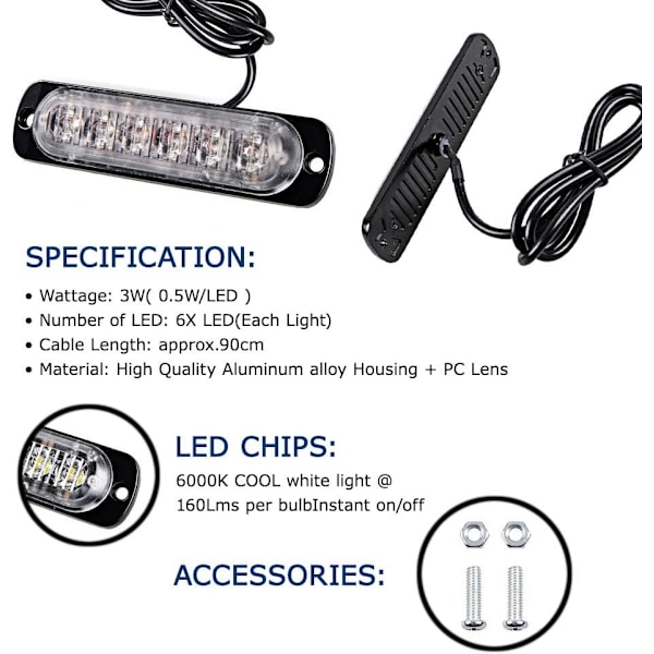 6 LED 18W Gul Ultra Tynd Undervogns Nødblink Hazard Strobe Advarselslys Strip til 12V - 24V Bil, Sikkerheds Blinkende Beacon 6 LED Yellow