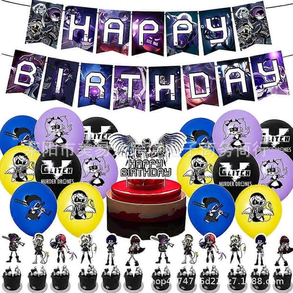 Murder Drones Bursdagsfest Dekor Sett Banner Ballonger Big Cake Insert