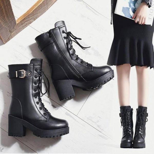 Kvinnors Platform Block Lace Up Boots Slip On Feet PU Läder Stövlar Present Till Jul Födelsedag Nyår Svart Svart Black 38