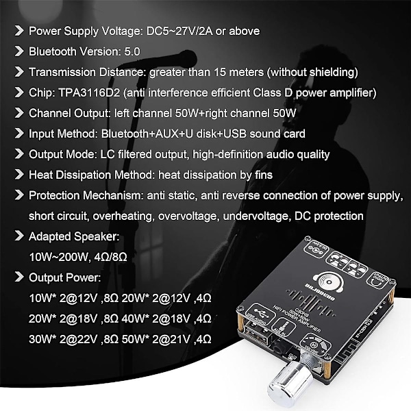 DAJUNGUO C50HS Bluetooth Forstærkerkort 50W+50W TPA3116D2 HiFi Chip 12-24V Digital Audio Effektforstærker Modul